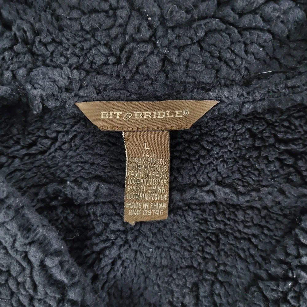 Bit & Bridle Vest Womens Large Black Faux Suede Leather Sherpa Collar Open Front